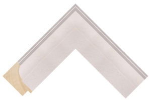 White picture frame moulding with a silver edge in a scoop profile
