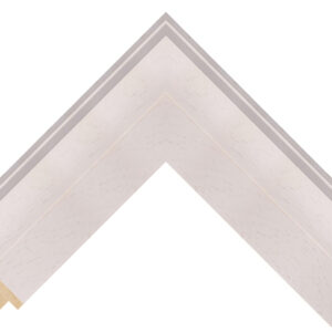White picture frame moulding with a silver edge in a scoop profile
